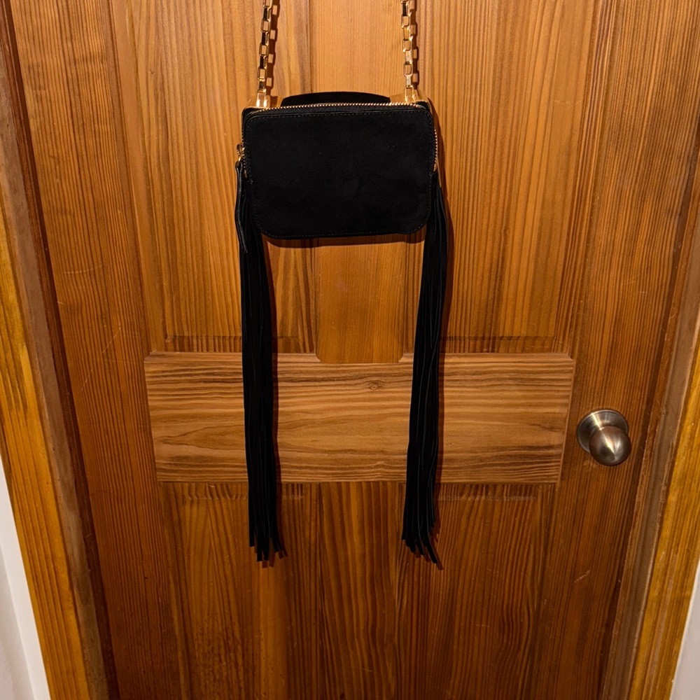 Tamara Mellon black suede leather purse crossbody shoulder bag fringe gold